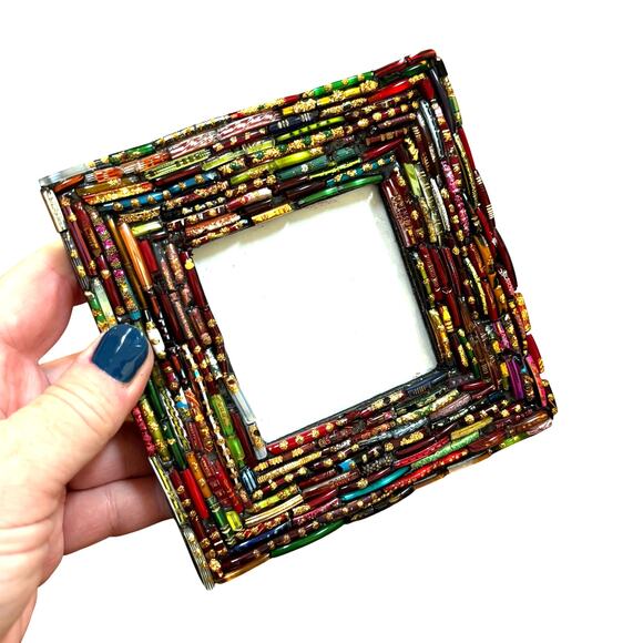 Unique photo frame multicolor glass beads standing small square desk top style - Picture 1 of 8